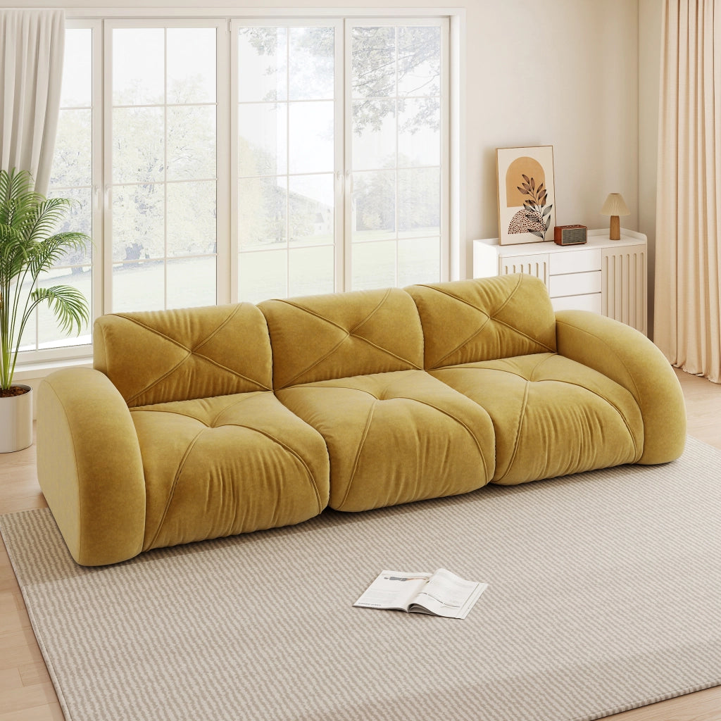 Divano modulare a tre posti in chenille senza montaggio con schiuma 32D e design senza struttura giallo