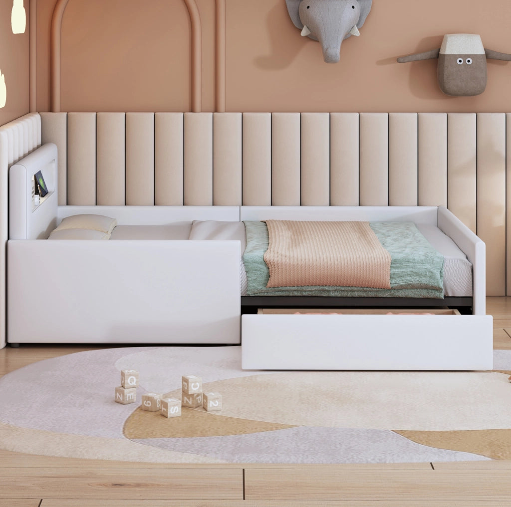 Letto singolo imbottito per bambini 90x200 cm bianco con USB