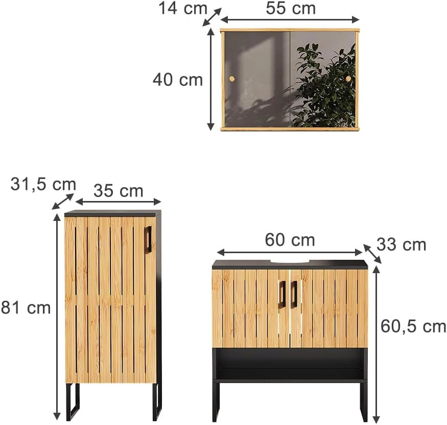 Set di mobili da bagno Vayra, Bambù, 60 cm, composto da mobile sottolavabo, specchiera e mobile medio