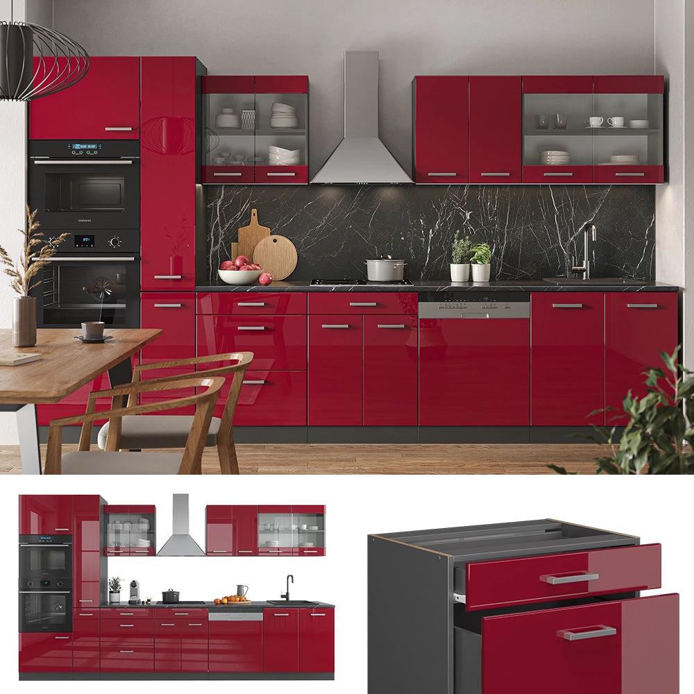 Vicco Cucina componibile Rosso lucido/antracite 350 cm con armadio alto, senza piano di lavoro