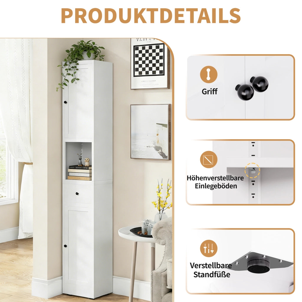 Armadietto da bagno in metallo con 2 ante e 5 ripiani regolabili, autoportante, bianco, 30 × 30 × 180,34 cm