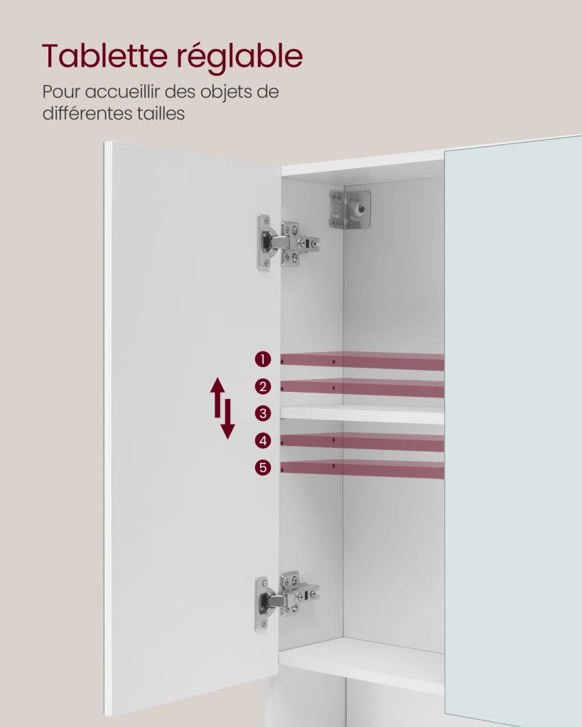 Mobiletto da bagno con ante a specchio mobile contenitore mobiletto a specchio da parete vano aperto ripiani regolabili 165 x 70 x 75 cm bianco 12_0004015