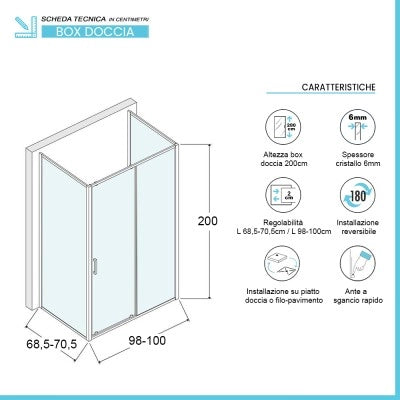 Box doccia 70x100x70 cm con porta scorrevole trasparente H 200 cm Ted