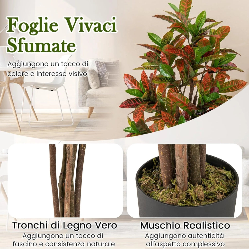 Pianta Finta di Croton 150 cm, Albero Artificiale da Interno ed Esterno, Pianta Tropicale in Vaso con Foglie Sfumate Finte, Ideale per Casa e Ufficio
