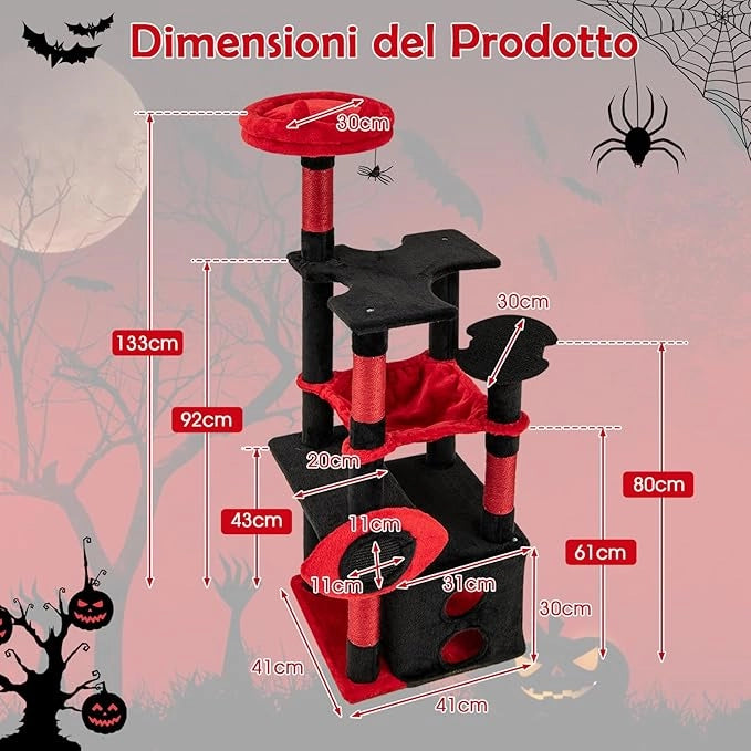 Tiragraffi per Gatto Alto 133 cm Stile Gotico Vampiro, Albero Tiragraffi Gatti con Pali a Corda in Juta, Amaca e Grotta, Cuccia Albero Gatto Rivestito con Giocattolo Ragno, Rosso e Nero