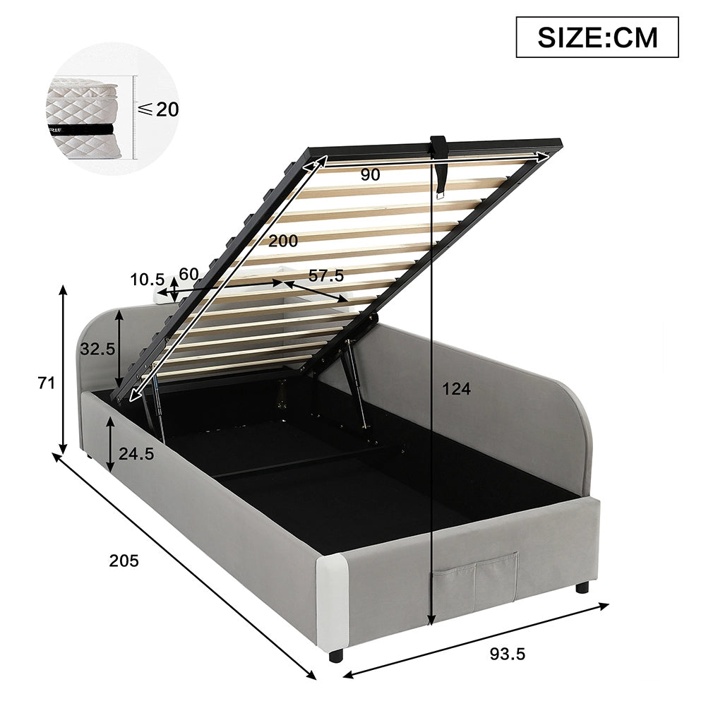 Letto a Castello Bambino Idraulico con Contenitore 90x200cm - Xylo - Velluto Grigio