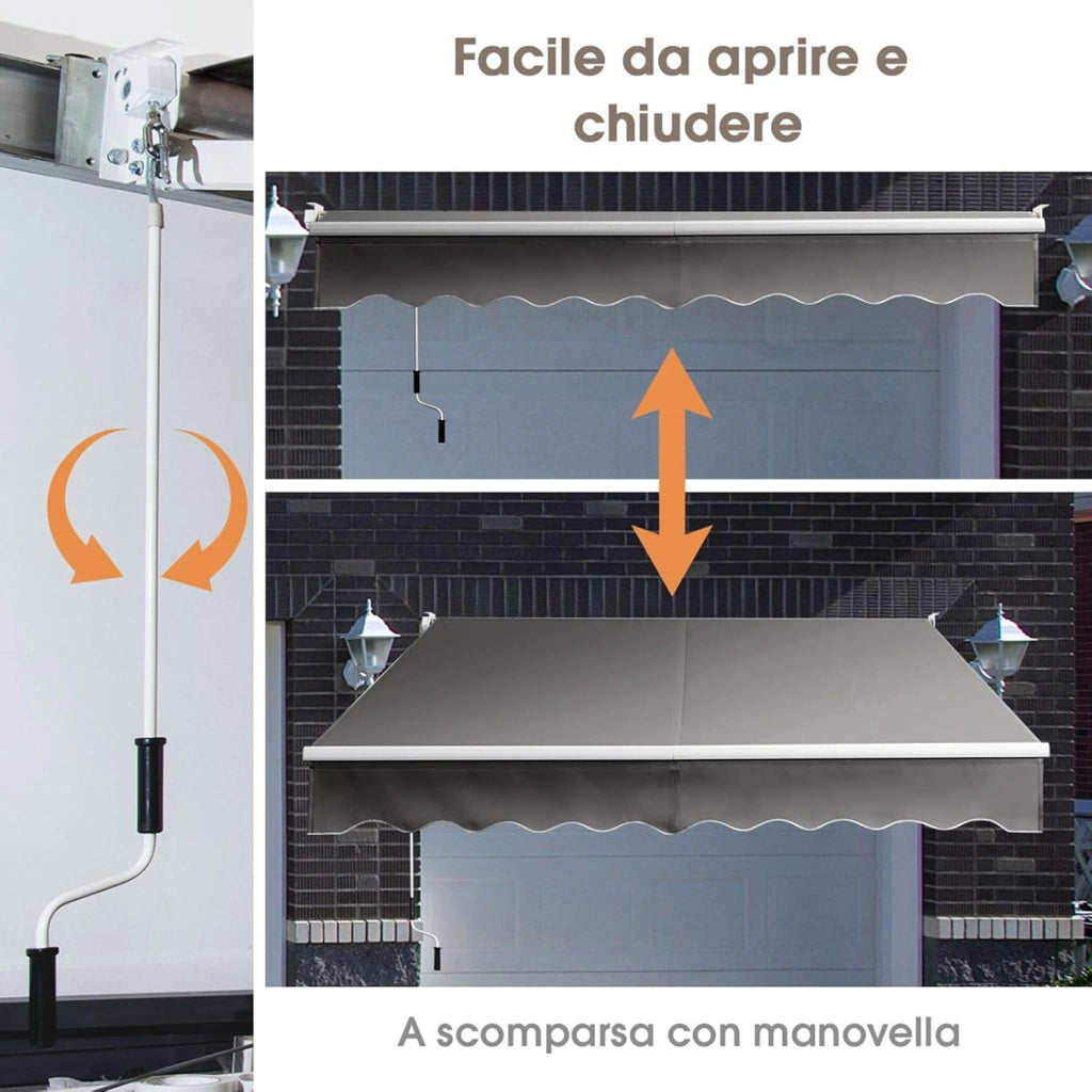 Tenda da Sole per Esterno Avvolgibile, Tenda da Sole a Bracci Estensibili con Telaio in Alluminio e Tettuccio Resistente al Sole e Impermeabile e Manovella (Grigio, 295 x 250 cm)
