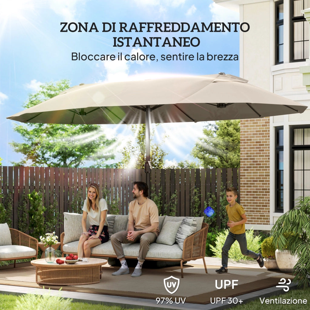 Ombrellone da Giardino Doppio a 12 Stecche con Base a Croce e Apertura a Manovella, Ombrellone da Terrazzo con Sacchi di Sabbia, in Acciaio e Poliestere, 455x265x238 cm, Cachi