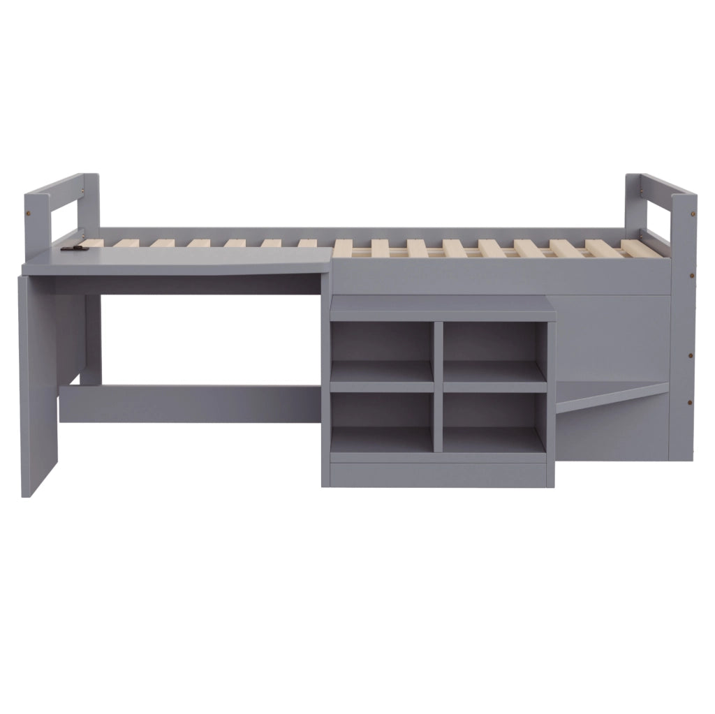 Letto a soppalco 90x200 cm con scrivania; vani contenitore e prese USB; grigio