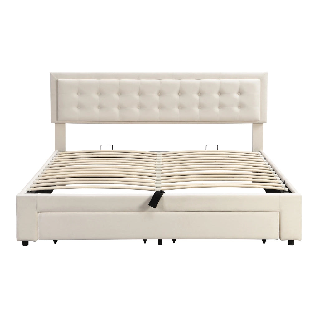 Letto contenitore 180x200 cm con testiera regolabile; in velluto beige