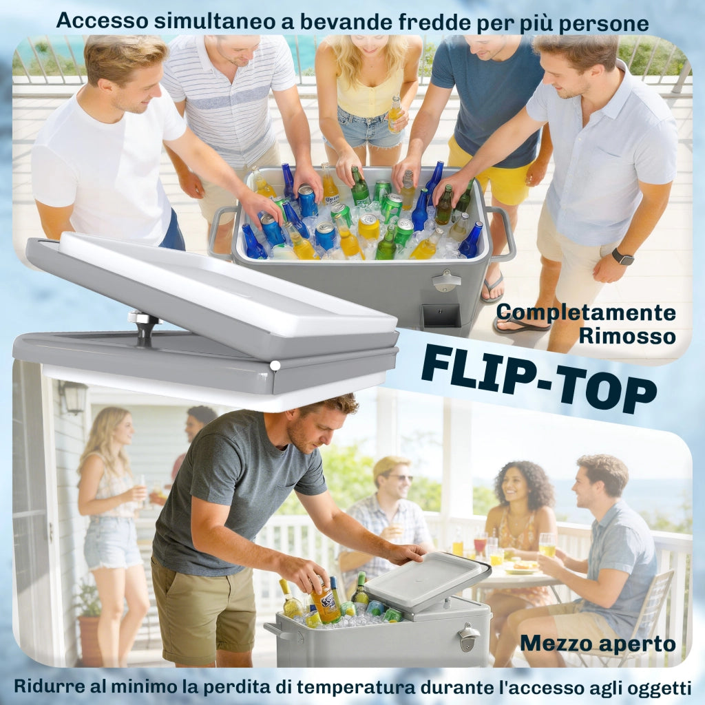 Frigo Portatile 76L con Ruote, Ripiano e Apribottiglie, in Plastica, Metallo e Acciaio, 92x39x81 cm, Argento