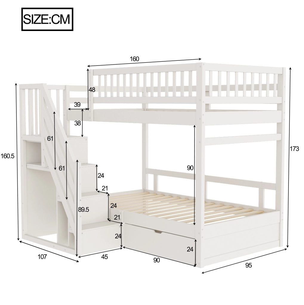 Letto a castello 90x200 cm con scala contenitore e cassetto