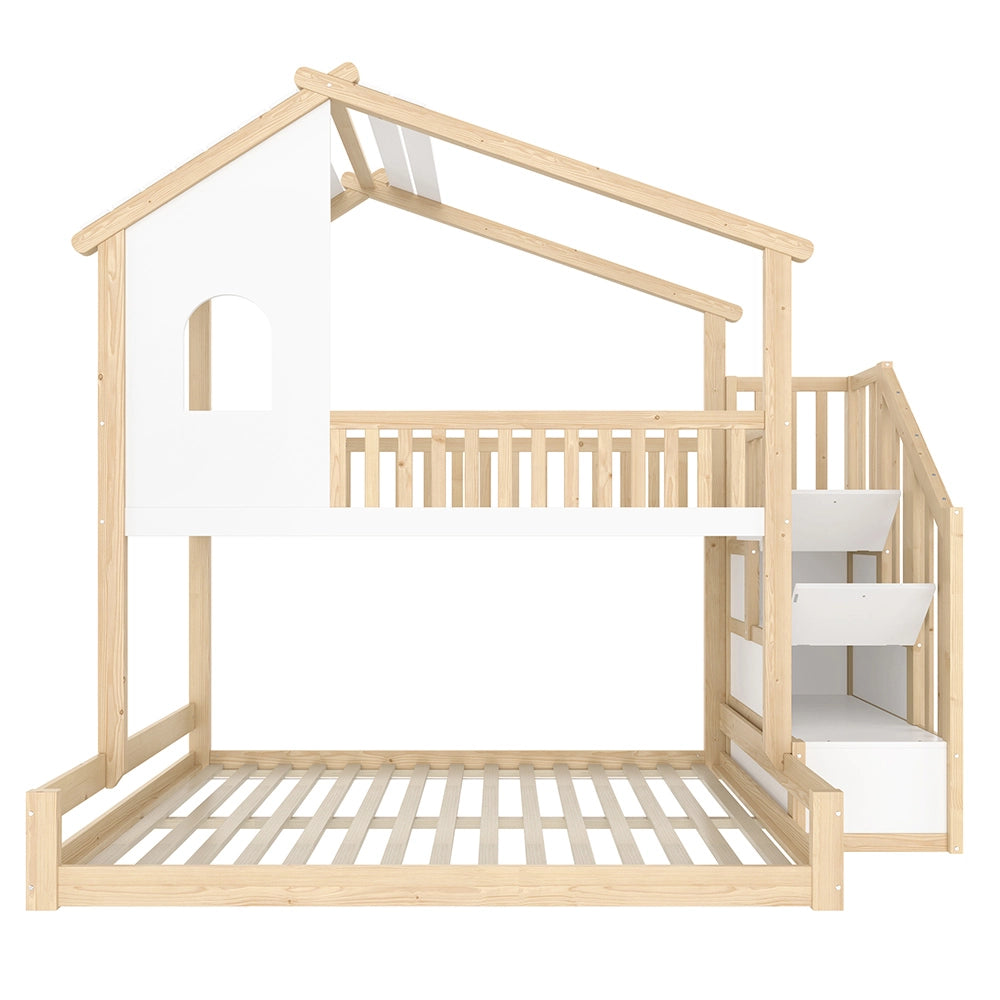 Letto a castello 90+140x200cm - Xylo - naturale/bianco, scala-ripiano, finestra