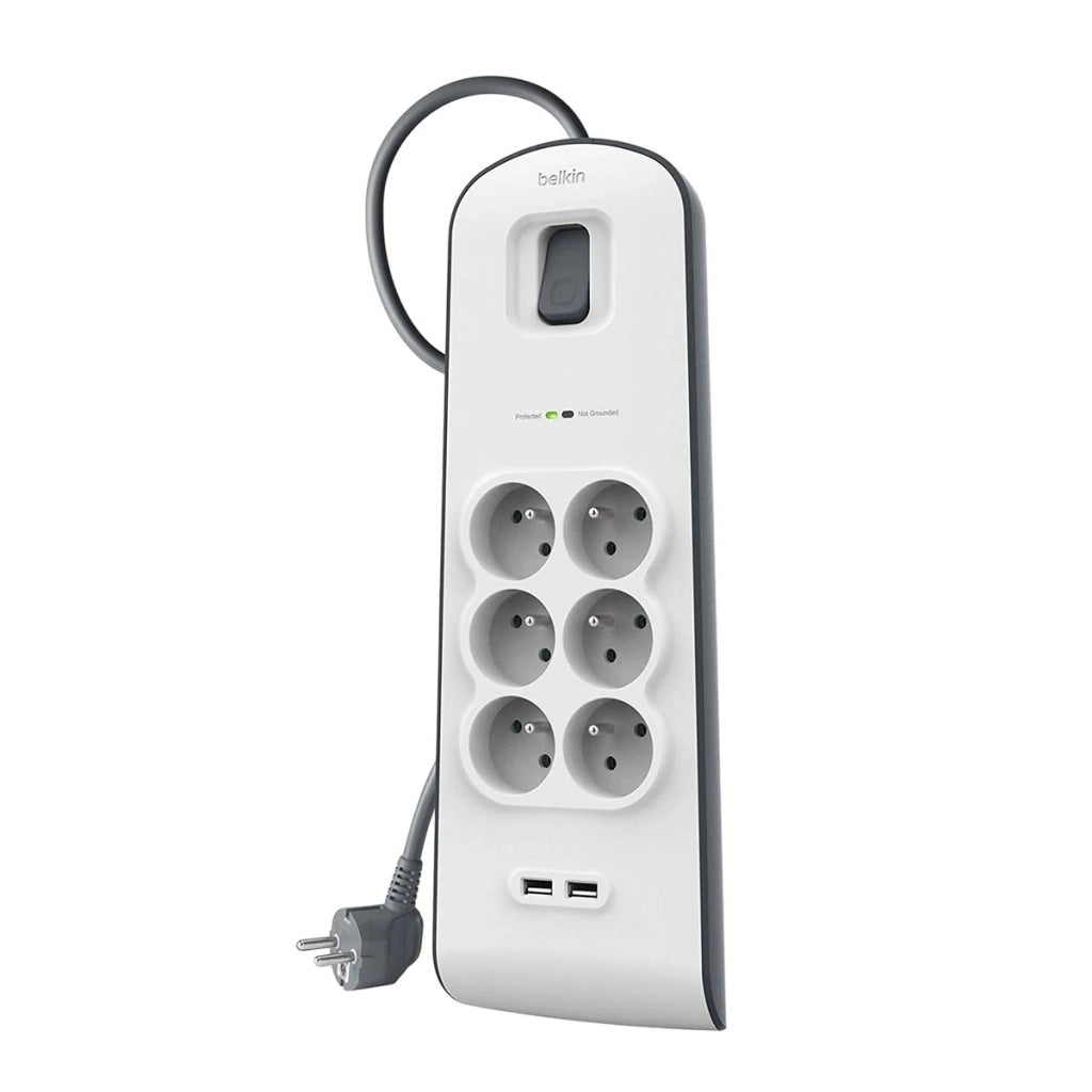 Multipresa Sovratensione 6 Prese / 2 Porte USB-A con Cavo 2m Bianco / Grigio Belkin