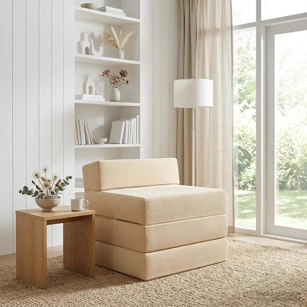 Divano Letto Pieghevole Crema 200 x 70 x 15 cm Tessuto in Cords 900014