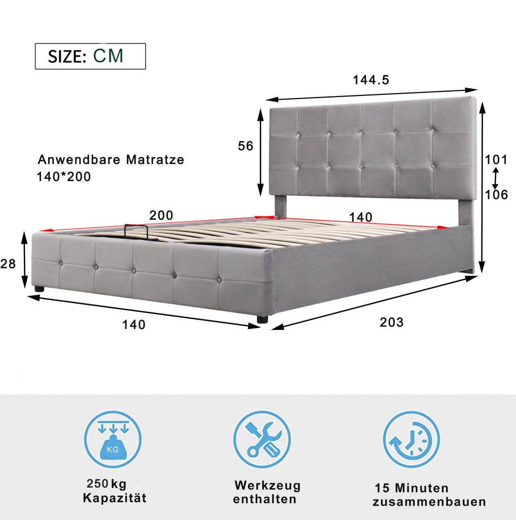 Letto imbottito 140x200 cm grigio in velluto con contenitore idraulico