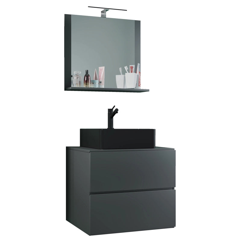 Luce di Ezooza Mobile Sospeso con 2 cassetti Large con lavabo in ceramica di alta qualità e specchio, Antracite , lavabo Nero