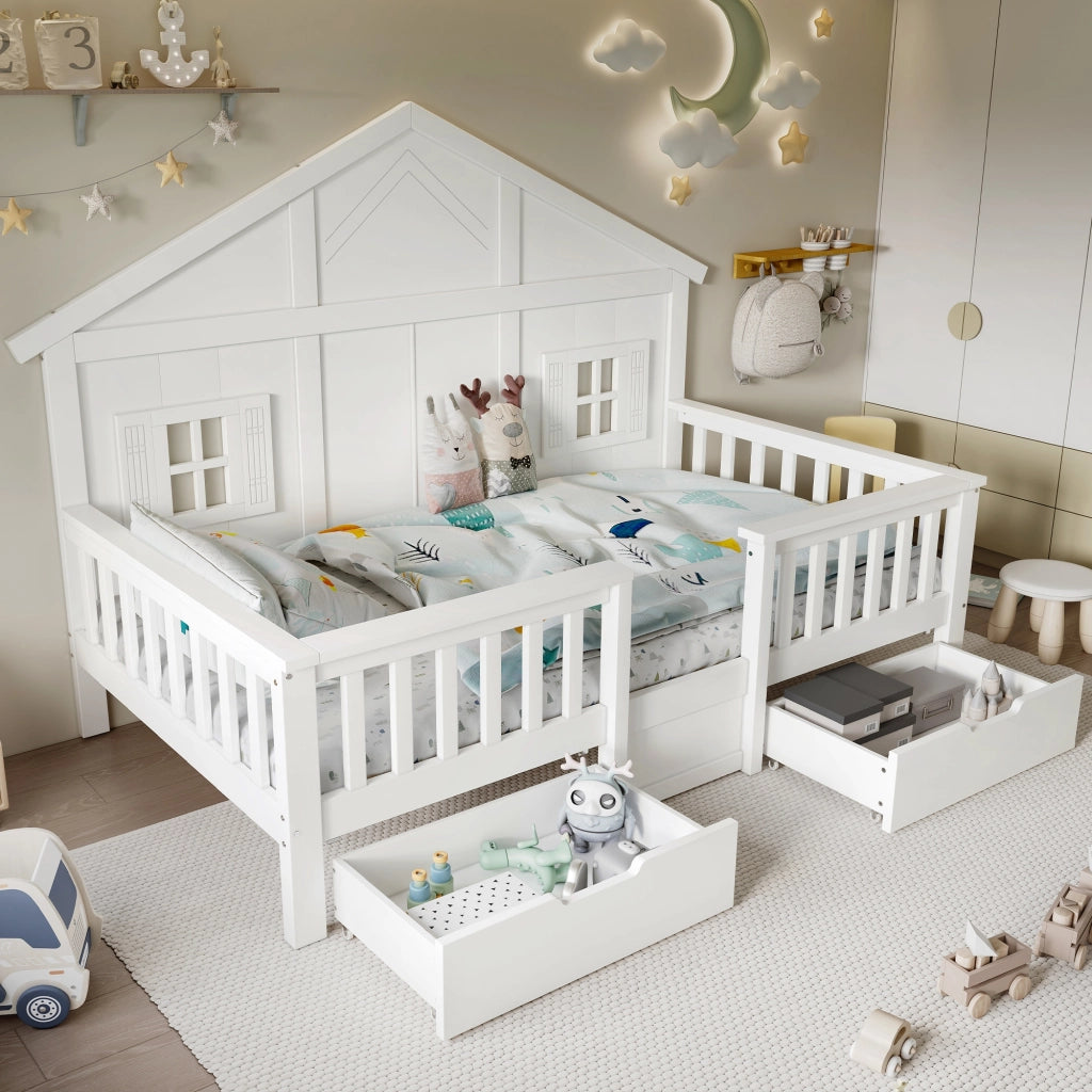 Lettino per bambini 90x200 cm, a forma di casetta, con 2 cassetti su rotelle e sponde di sicurezza, bianco