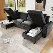 Divano a U in chenille grigio con contenitore e prese USB/Type-C