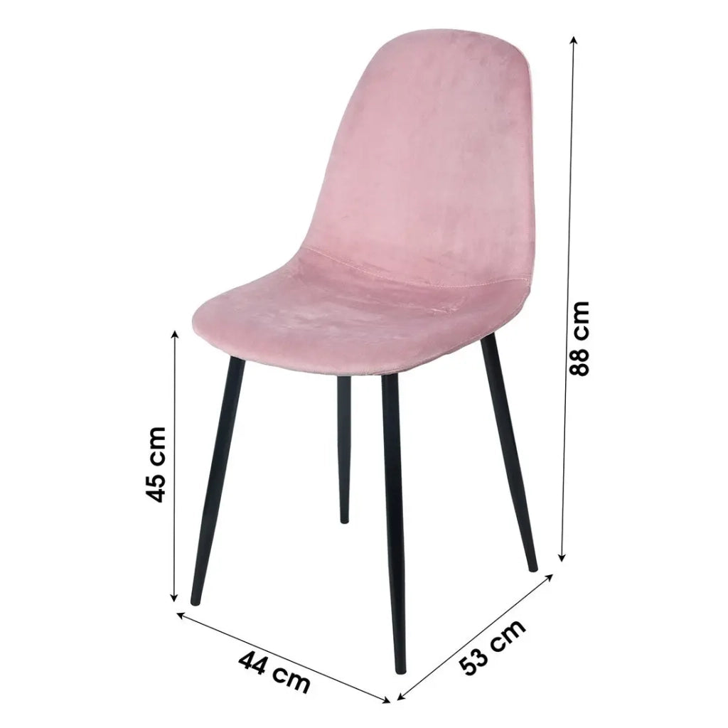 Set di 4 sedie LOLY, seduta e schienale in velluto rosa, struttura in metallo nero.
