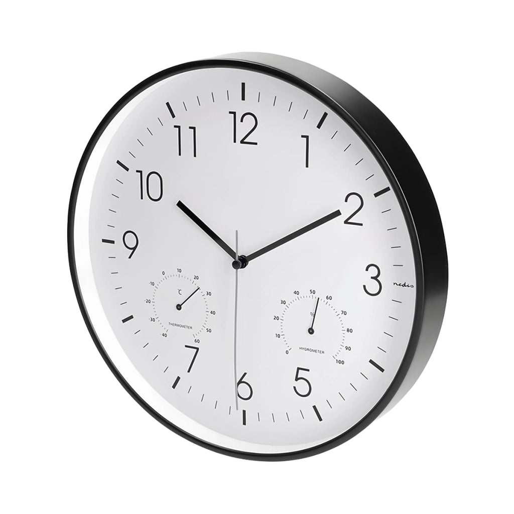 Orologio da Parete 30 cm con Termometro Igrometro Movimento Silenzioso Bianco / Nero Nedis