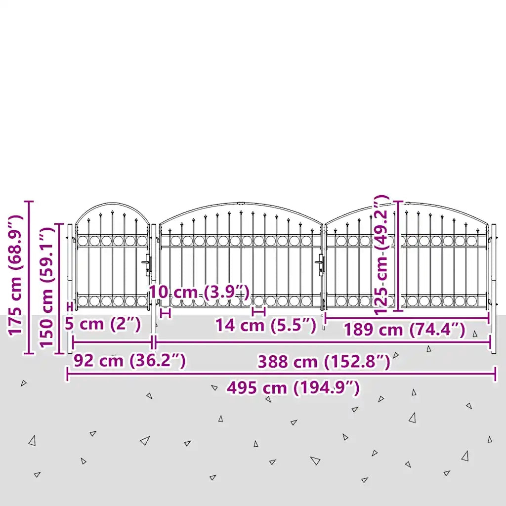 Cancello per recinzione da giardino ASSEN con parte superiore ad arco in acciaio 1,25x5 m Nero 144371