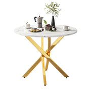 Tavolo da pranzo rotondo con piano effetto marmo e gambe incrociate - per cucina - 80×80×75 cm - oro e bianco