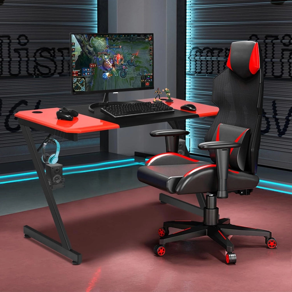 Scrivania da Gaming Tavolo per Computer Ergonomico, con Porta Bicchiere Gancio per Cuffie e Supporti Audio, 120 x 60 x 77 cm, Nero/Rosso