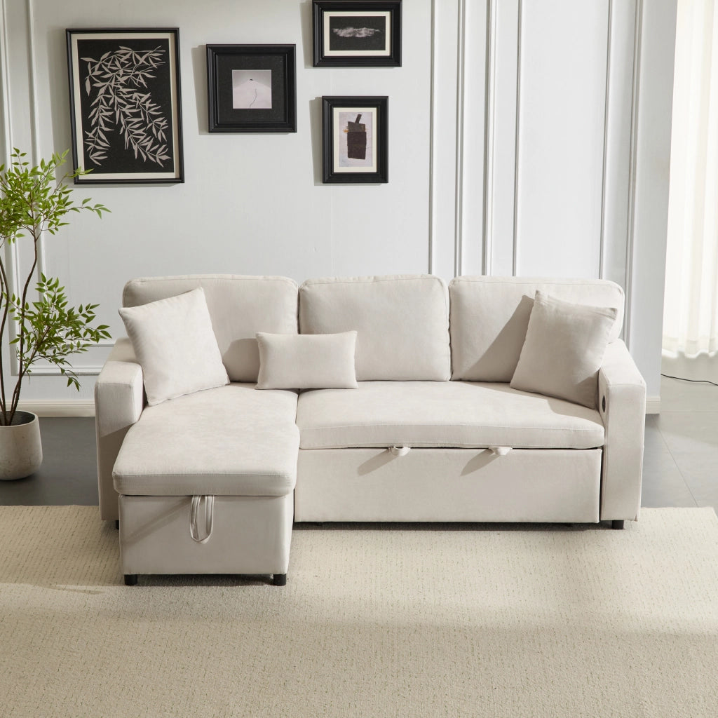 Divano angolare convertibile 4 posti con chaise longue reversibile, USB, vano contenitore e cuscini in flanella beige