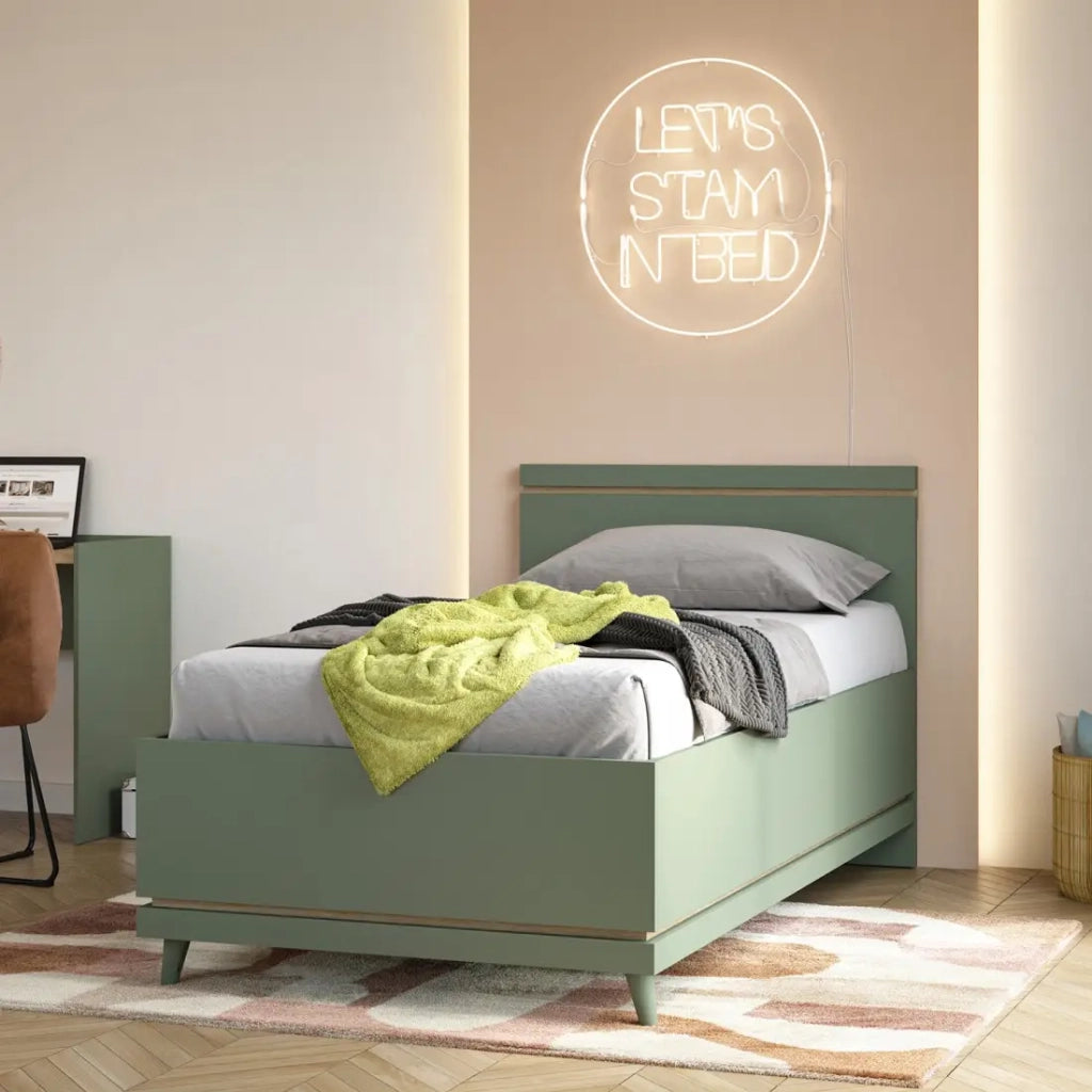 Letto contenitore per bambini NOKI – 100x200 cm verde e legno – Stile scandinavo
