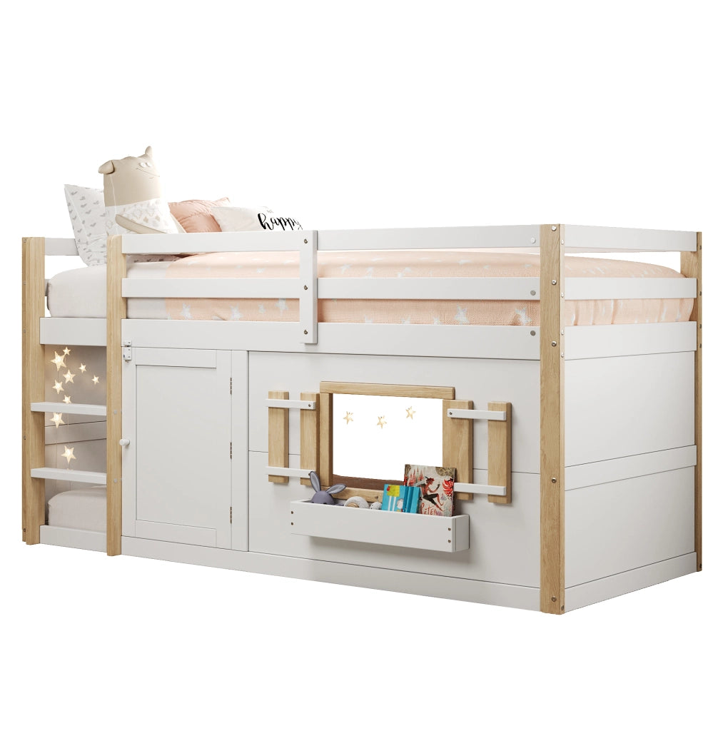 Letto rialzato per bambini 90x200 cm con scala e spazio inferiore multifunzione; bianco