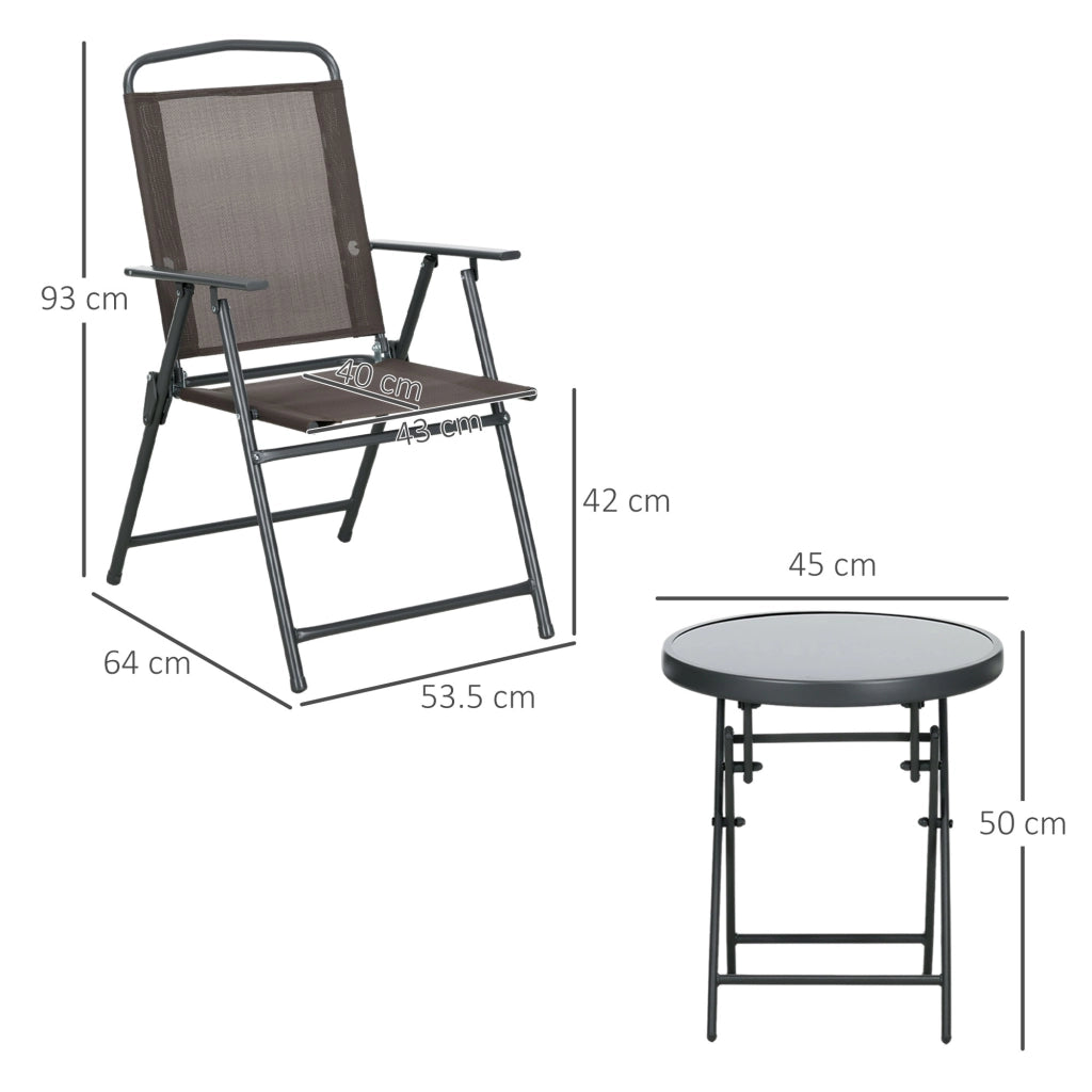 Set bistrot in metallo a 3 pezzi: resistente; tavolo pieghevole in vetro + sedie; marrone