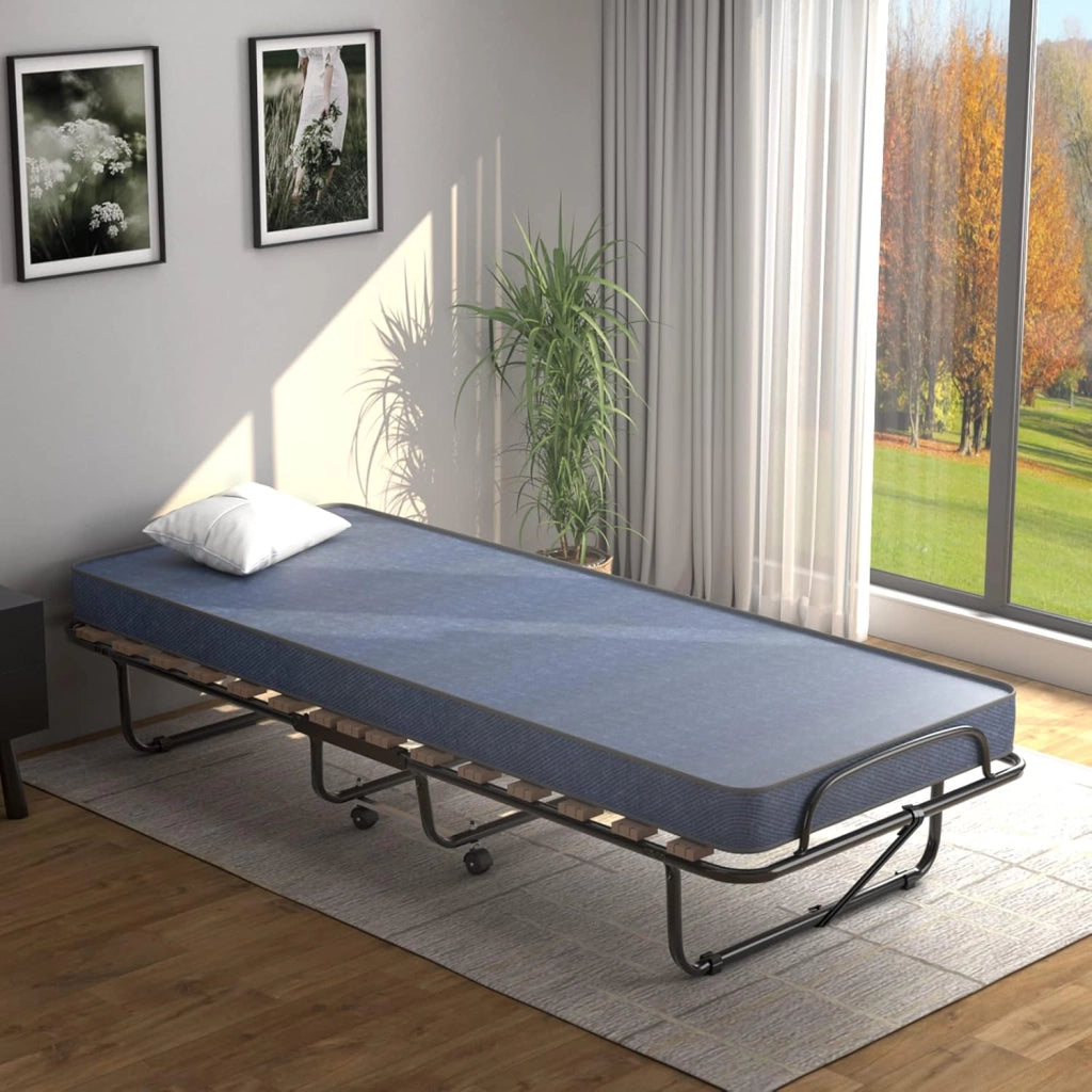 Letto Singolo Pieghevole di Emergenza, 80 x 190 cm, Letto Singolo con Materasso in Memory Foam, Telaio in Acciaio con 4 Ruote, 15 Doghe in Legno, Blu