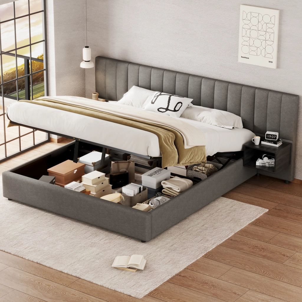 Letto imbottito 180x200 cm con contenitore idraulico e 2 comodini, rete a doghe in legno, lino grigio e nero