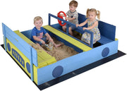 Sabbiera per Bambini in Legno di Abete, Sabbiera da Esterno con Panche e Fodera, Sandbox per Bambini a Forma di Macchina con Volante Rotante, 118x100x40 cm