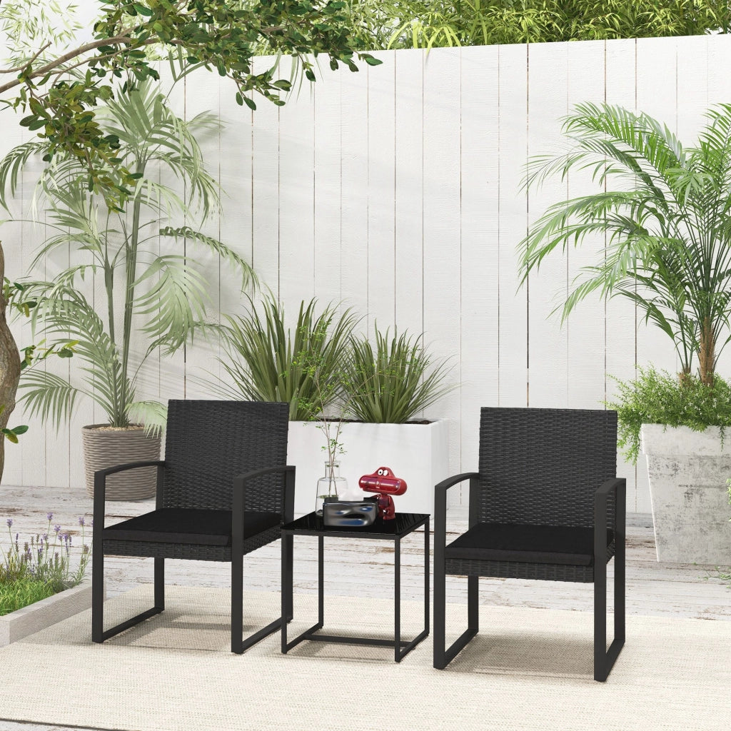 Set da Giardino 3 Pezzi con 2 Sedie e Tavolino ¨C zephmum ¨C Poltroncine con Cuscini, Vetro, Nero