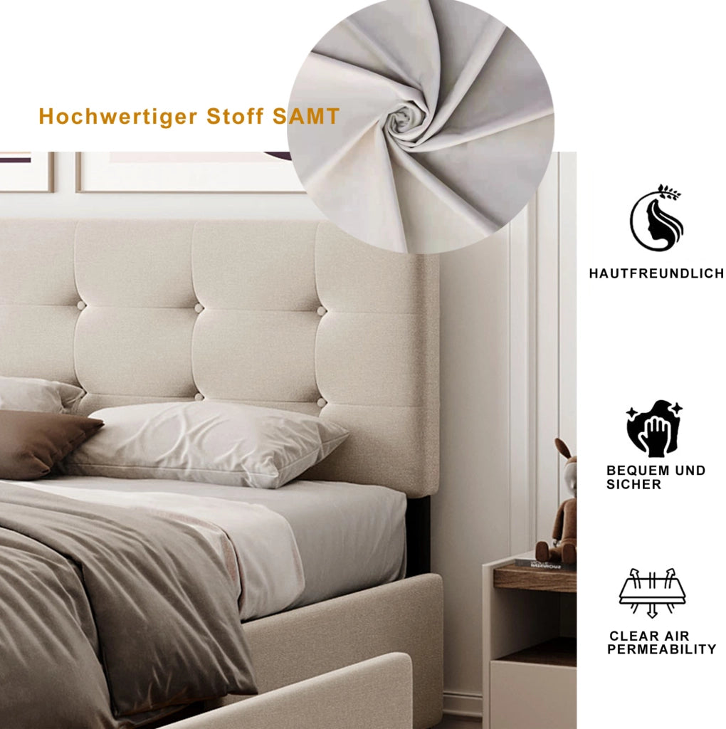 Letto imbottito beige con 4 cassetti, rete a doghe e testiera