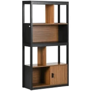 Mobile Libreria  4 Livelli Aperti con Armadietto, in Truciolato e MDF, 76.5x30x150 cm, Marrone e Nero