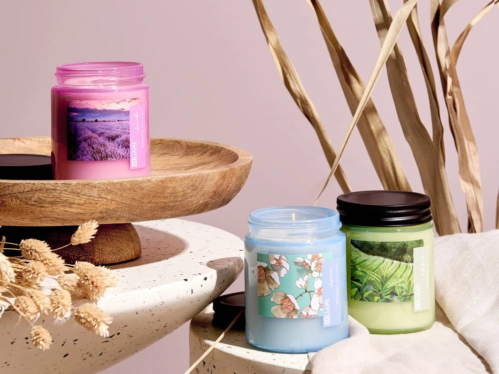 Set di 3 candele profumate multicolore 100% cera di soia stoppino di cotone vetro fragranza tè lavanda gelsomino