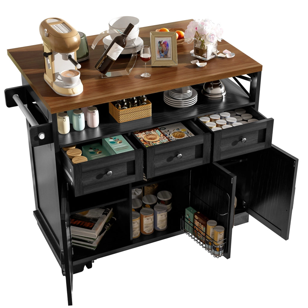 Carrello da Cucina con 3 Cassetti e 1 Anta; Piano Pieghevole; Portasciugamani e Ruote; in MDF e Metallo; Nero