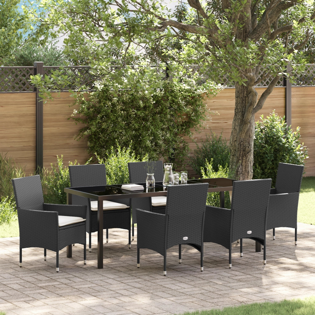 Set da Pranzo da Giardino 7 Pezzi con Cuscini Rattan Poliestere Nero