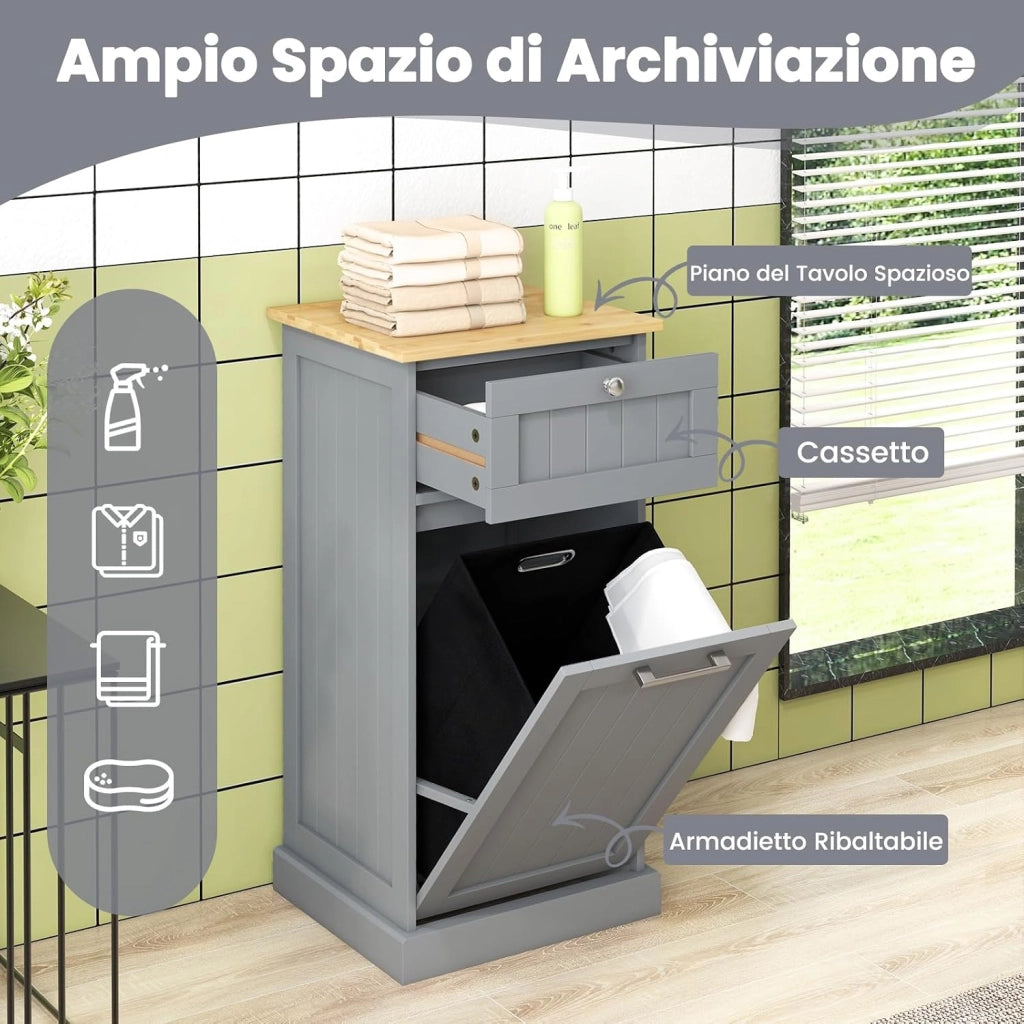 Mobile da Bagno con Portabiancheria, Mobiletto Salvaspazio da Terra con Cassetto, Ideale per Lavanderia e Bagno, 40 x 37 x 82 cm, 38 L (Grigio)