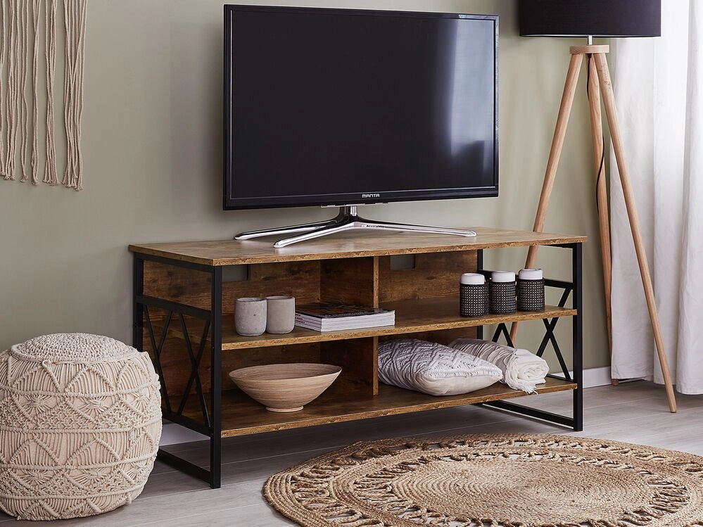 Mobile TV RTV Legno Scuro Metallo e Truciolare 4 Ripiani Mobiletto Soggiorno Moderno Industriale