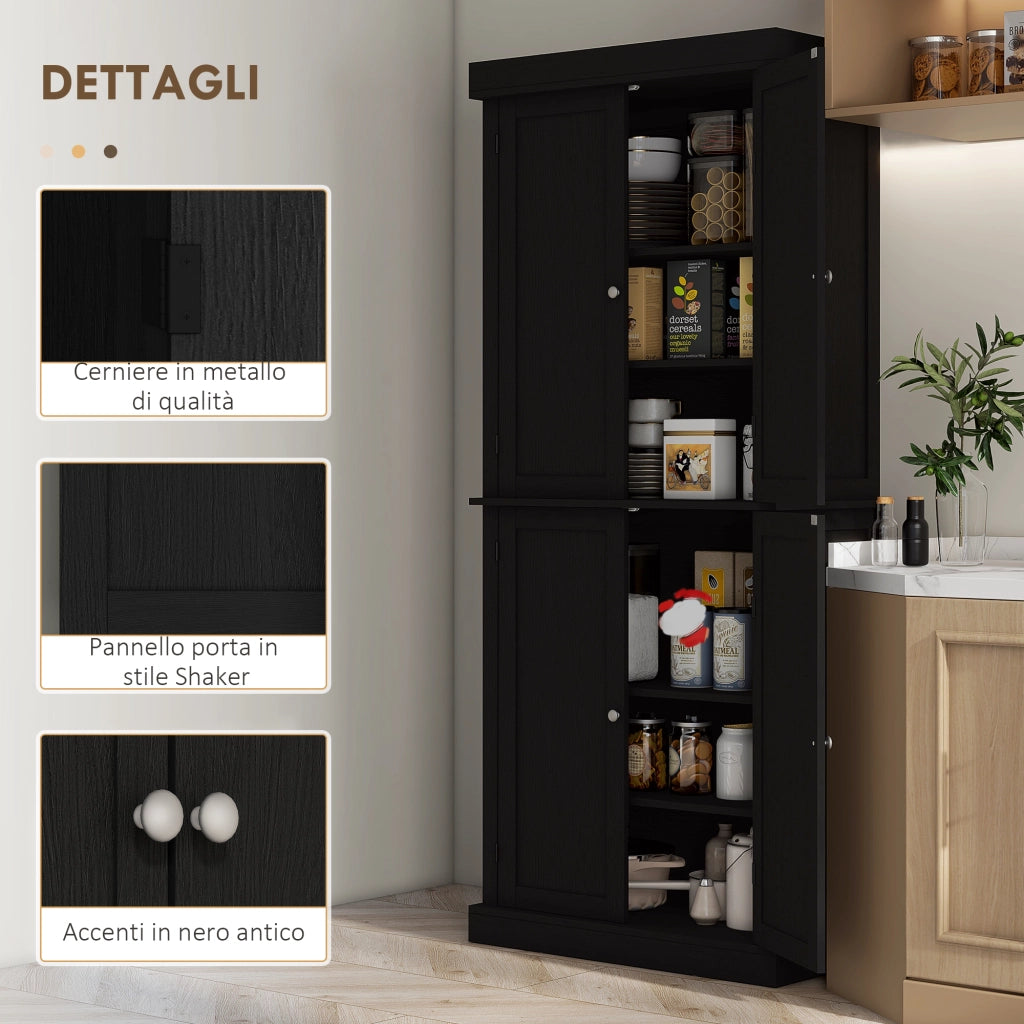 Mobile da Cucina Alto Credenza 76x40,5x184 cm con 6 Ripiani Regolabili e 4 Ante in Legno Nero