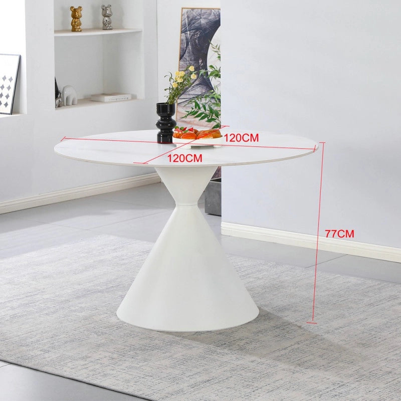 Tavolo tondo fisso Taini con piano in ceramica effetto marmo bianco opaco e gambe in metallo bianco