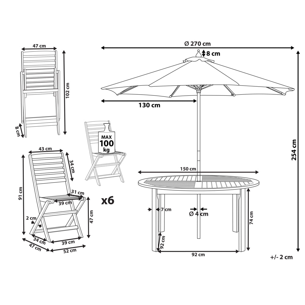 Set da pranzo da giardino in 6 posti Tavolo rotondo in legno di acacia chiaro pieghevoli con ombrellone