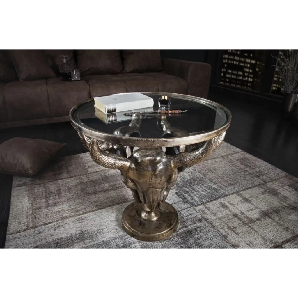 Tavolino basso TAURVIK rotondo 56 cm in alluminio bronzo e vetro stile barocco