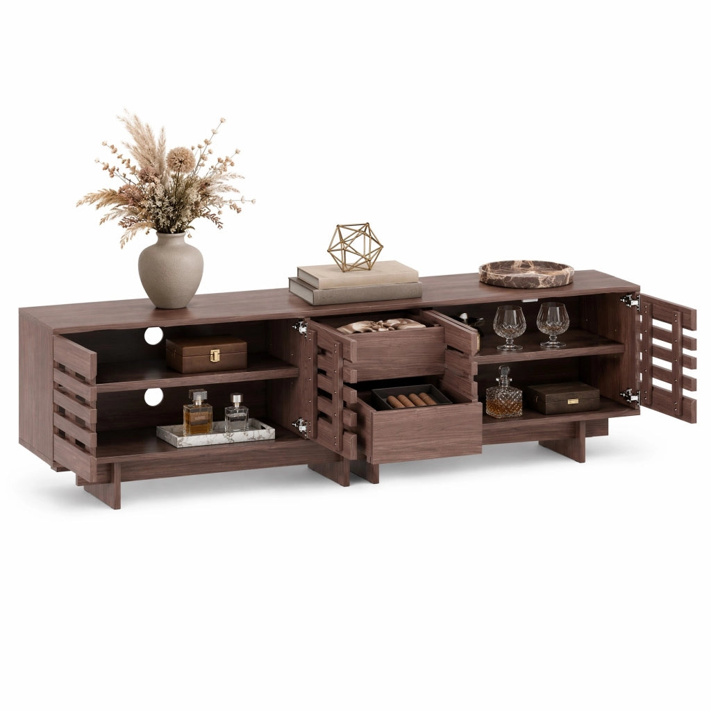 Mobile TV con 2 cassetti; 4 ante e 6 vani; passacavi - per soggiorno - 200×39.5×55 cm - in MDF - noce