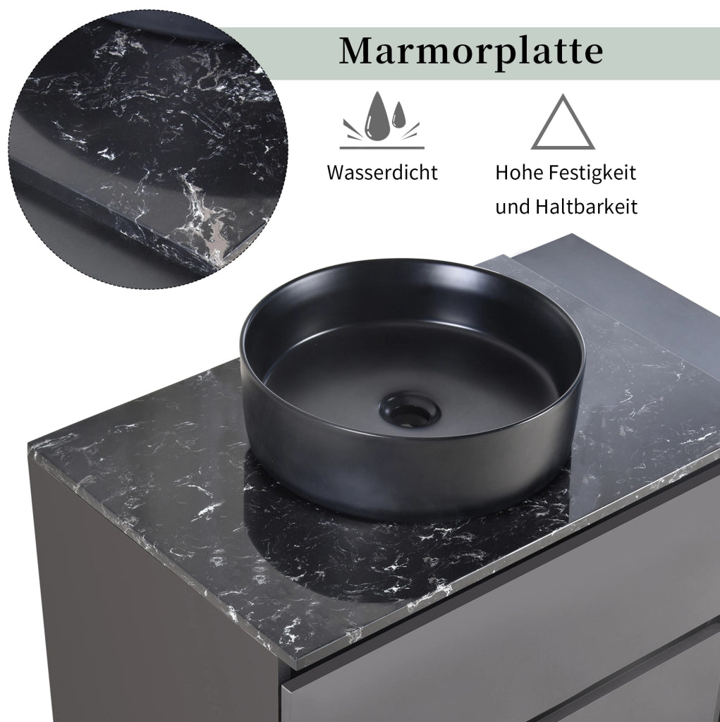 Mobile lavabo sospeso con lavabo in ceramica; piano in marmo; nero e grigio