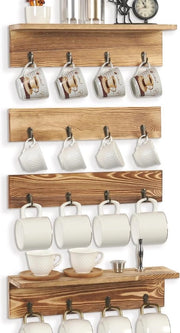 Bicchieriera rustica - contenitore appeso per bicchieri con 16 ganci - ripiano in legno per tazze da caffè - set da 4 - zona di pausa per la cucina